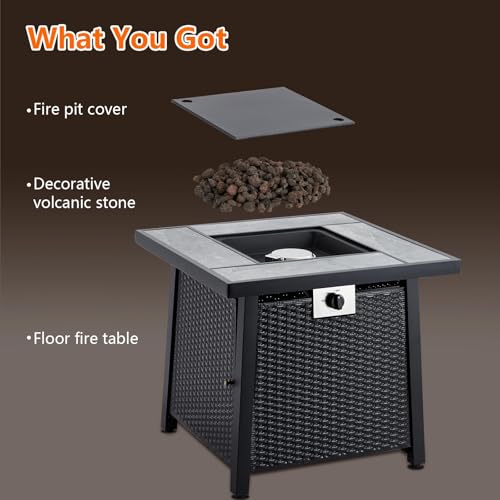 28 Inch Propane Fire Pit Table, 50000BTU Rectangle Fire Table with Cover, Sturdy Steel and Iron Fence Surface, CSA Safety Certified, Companion for Your Garden