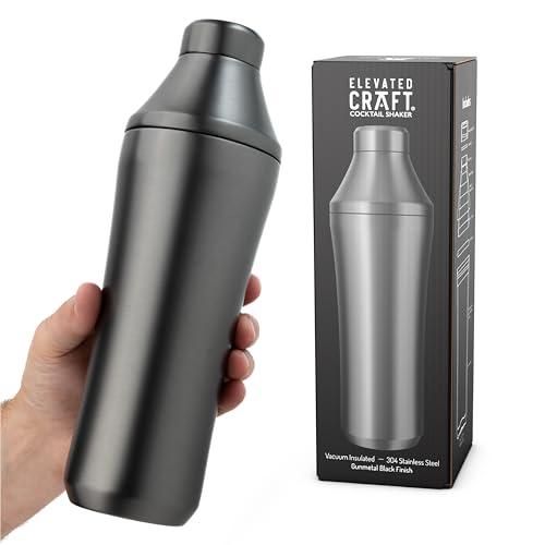 Elevated Craft Hybrid Cocktail Shaker – Premium Vacuum Insulated Stainless Steel Gunmetal Cocktail Shaker – Innovative Measuring System – Martini Shaker for the Home Bartender – 28oz Total Volume