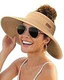 FURTALK Sun Visor Hats for Women Wide Brim Straw Ponytail Summer Beach Hat UV UPF Packable Foldable Travel Khaki