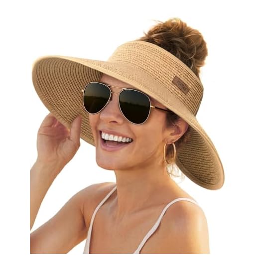 FURTALK Sun Visor Hats for Women Wide Brim Straw Ponytail Summer Beach Hat UV UPF Packable Foldable Travel Khaki