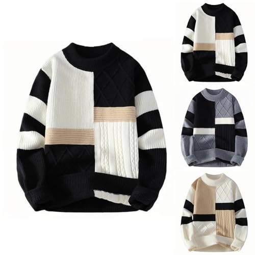 Cambkatl Men's Color Block Sweaters - Stylish Patchwork Crewneck Cable Knit Pullovers Loose Long Sleeve Sweater Tops2