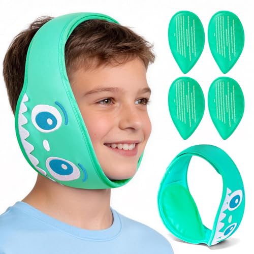 NEWGO Kids Tonsil Recovery Ice Pack Cute Wisdom Teeth Ice Pack Head Wrap with 4 Reusable Hot & Cold Gel Packs for Wisdom Teeth Kid-Friendly Gel Ice Wrap for Post-Tonsil and Dental Recovery - Green