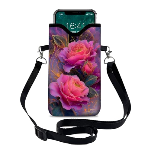 Image of Neoprene Cell Phone Sleeve Pouch Case Bag with Crossbody Strap Neck Lanyard for Women 7.1 X 3.9 in Beautiful Flowers