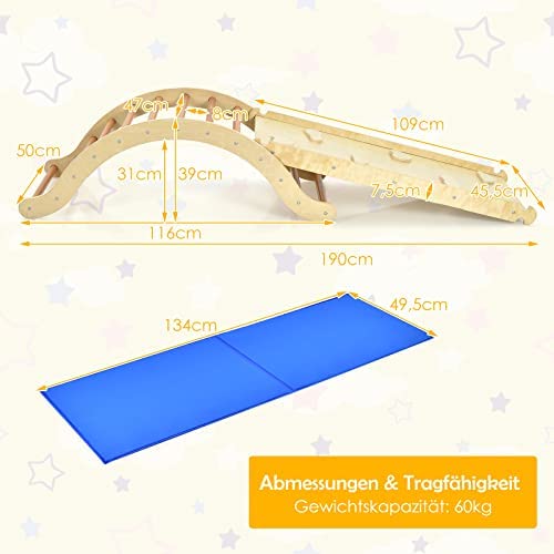 Foto von COSTWAY Kletterbogen mit Rutsche, Kletterdreieck Holz, 3 in 1 Klettergerüste Indoor zum Rutschen, Klettern und Wippen, inkl. umkehrbare Rampe, für Kinder ab 1 Jahre (Natur)