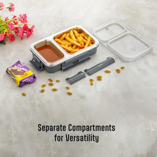 Image of 2 Compartment Lunch Box with Stainless Steel Inner & Plastic Outer Body | BPA Free Leak Proof Tiffin Box with Lock Mechanism | Dishwasher & Freezer Safe for Kids & Adult Office School Use