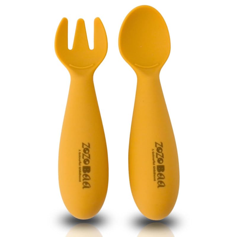 Image of Baby Weaning Spoon & Fork Set, Chewable Silicone Utensils for Training Infants, Baby Led Self Feeding, 6 M+| Gum Friendly, BPA Free, Dishwasher Safe, Unbreakable, 1 Pair, Mango Yellow