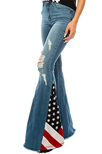 Women's Ripped American Flag Bell Bottom Jeans High Waisted Frayed Raw Hem Casual Slim Denim Pants4