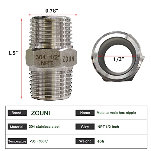 ZOUNI 5PCS Hex Nipple 1/2\" Male x 1/2\" Male Pipe Fittings, 304 Stainless Steel NPT 1/2 inch Male Threaded Pipe Adapter Fittings Equal Nipples Connectors, Male Straight Connector Pipe Fitting