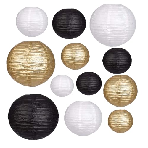12Pcs Paper Lanterns 6”, 8”, 10”, 12”,Paperlanterns Party Decoration, Black White Gold Paper Lanterns for Wedding, Bridal, Birthday, Outdoor, Home, Garden, Holiday and Party.