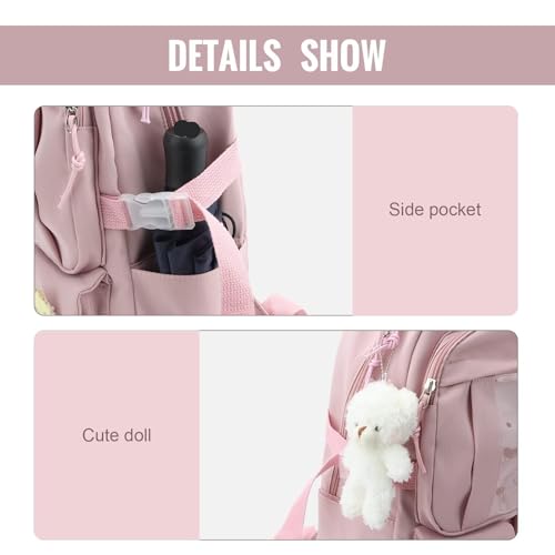 Mochila Kawaii escolar rosa con accesorios colgantes estéticos 5