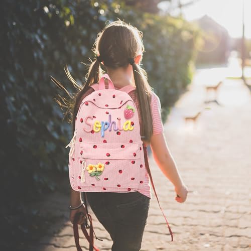 Pekdi Personalized Corduroy Backpack Embroidered Name Strawberry Backpack Monogram Book Bag with Cotton Rope Woven Lightweight Daypack Casual Travel Bag for Sports Dance Gym2