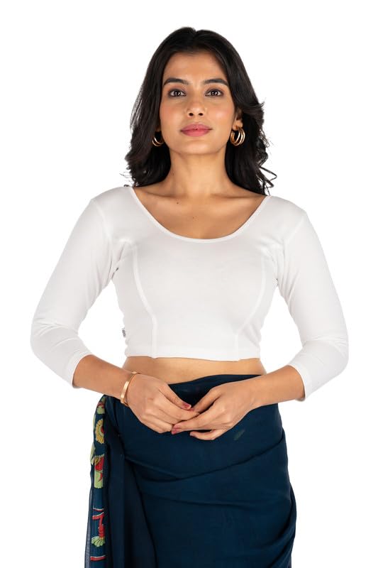 Image of Abhi Cotton Readymade Saree Blouse for Women- 3 /4 Sleeve, Round Neck, Regular-fit, Stretchable, Pull-on Style