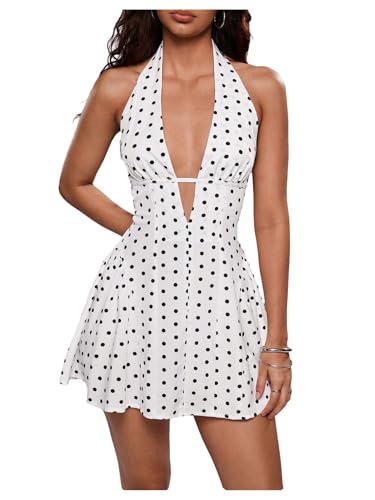 Floerns Women's Polka Dots Deep V Neck Halter Dress Ruffle Sleeveless A Line Mini Dresses White and Polka Dots Small