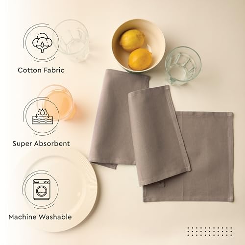 Image of Encasa XO Dining Cocktail Napkins 12 pcs (1 Dozen) Set of Large 23x23 cm (9 inchx9 inch) - Light Beige - Absorbent Heavy Cotton Party Fabric Machine Washable for Home Restaurant Banquet & Hotel