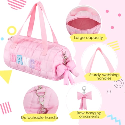 Image of 12.8 Inches Quilted Puffer Ballet Dance Bag Cute Tote Bag with Hanging Bow Pendant for Travel Dancing Dress