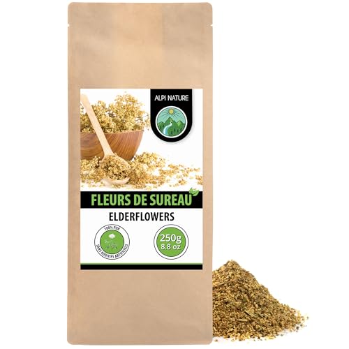 Alpi Nature Fleur de Sureau Tisane 250g, Fleurs de Sureau Séchées et Frottées, Thé en Vrac