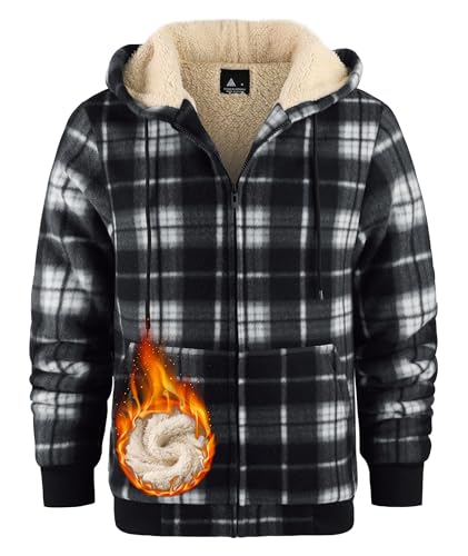 Image of Mens Plaid Hoodies Winter Zip Up Fleece Jacket Sherpa Fleece Lined Warm Flannel Jacket Coat