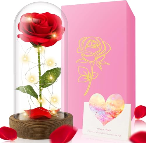 Red Silk Rose in Glass Dome with LED Light Preserved Enchanted Rose
