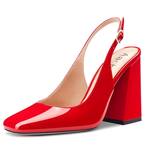 Aachcol Women Slingback Chunky Block High Heel Pumps Close Square Toe Ankle Strap Dress Shoes Party Wedding Patent 4 Inch