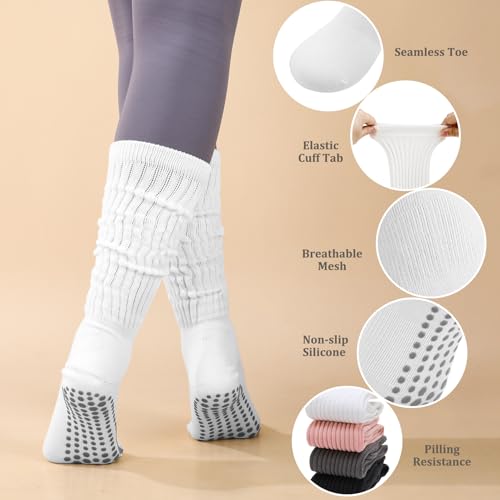 Image of Jspupifip 4 Pairs Women Slouch Pilates Socks with Grips, Non-Slip | 90.5% Cotton, Silicone Grip, Breathable, Yoga Scrunch Socks, Fits US 5-8, Barre, Hospital, Workout