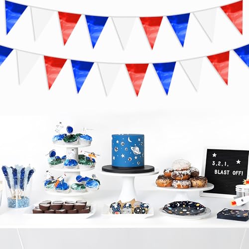 Image of 65FT White Blue Red Glitter Triangle Pennant Banner Flag Metallic Bunting Fabric Garland for Christmas Graduation, Independence Day, 4th of july, Patriotic Themed Party Decoration