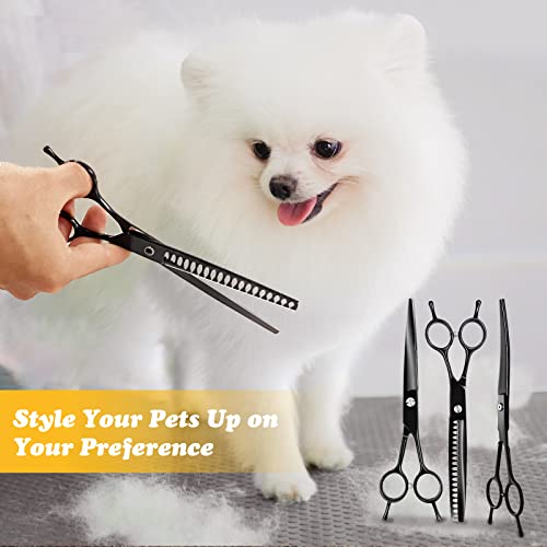 Professional Dog Grooming Scissors, Premium Dog Scissors For Grooming Stainless Steel, Straight & Thinning & Curved Scissors For Dog Grooming 7 Inch(Black) #TOP4