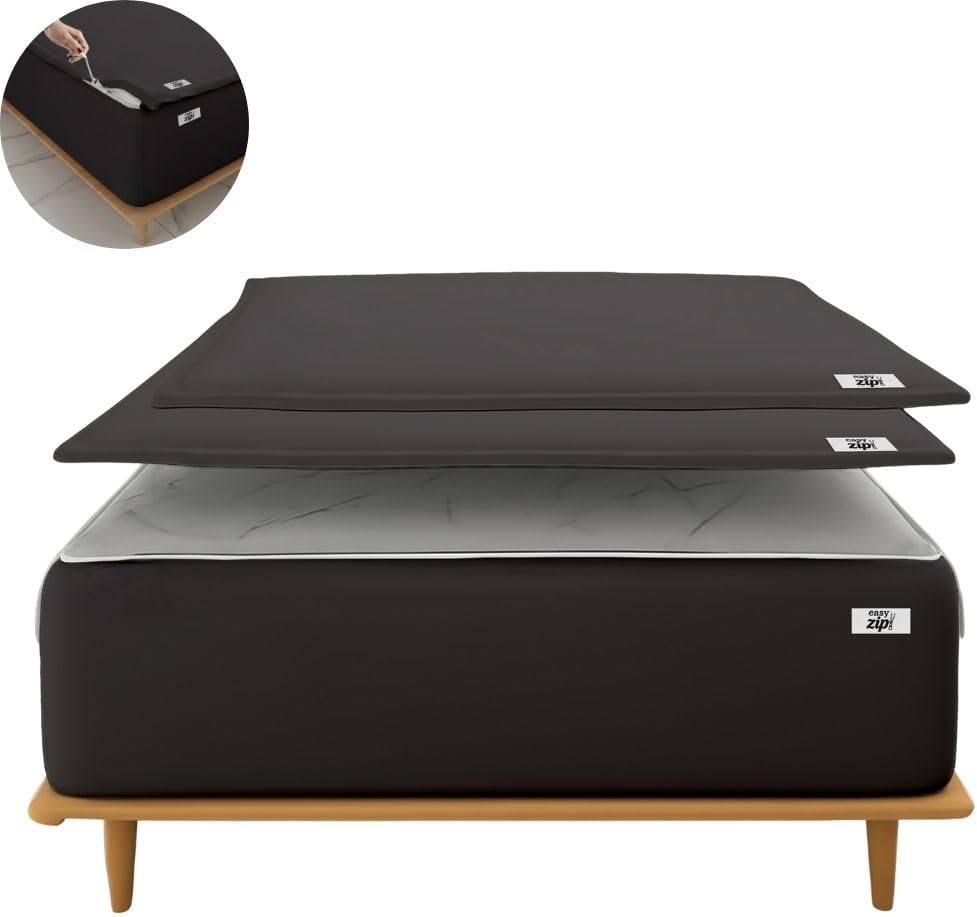 600 TC Cotton Zip-On Fitted Sheet Set – 14" Deep Pocket Mattress Cover, Easy Change Zipper Bedding System, Secure Elastic Base with 2 Zip Sheets - Queen Size Bed - Black