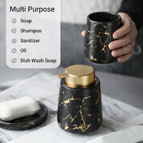 Image of Ceramic Bath Accessories Set of 3 (Luxe Black) - 400ml Soap Dispenser, Tumbler & Soap Dish, Black with Gold Marble Design, Bathroom Countertop Organizer for washbasin