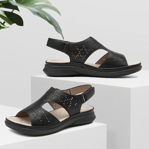 ALLOT Women's Comfortable Orthotic Arch Support Sandals Wedge Beach Walking Sandals Adjustable Ankle Strap Open Toe Dressy Summer Shoe 5