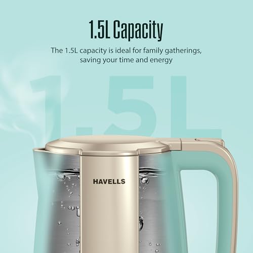 Image of Havells CRAFT Kettle | OptiHeat Tech for Custom Temperature Setting | Real Time Temperature Display |12 Hour Keep Warm Function | Strix Controller for 5x Lifespan | 3x Safety Protection (Blue & Gold)