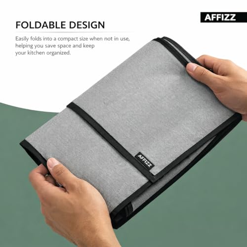 Image of Microwave Oven Cover with Tassel Lace - Waterproof Dustproof Polyester Top Cover for Kitchen with 4 Side Pockets, Modern Design, Grey (100 x 35 cm)