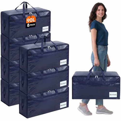 Lifewit Juego de 8 Bolsas Almacenaje Ropa 90 L, Bolsas Mudanza Grandes con Asas, Cajas Mudanza Plegables para Edredones, Mantas, Ropa, Azul