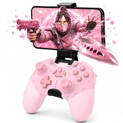 Image of aghi Hall Effect Wireless Gaming Controller with Phone Clip | for iPhone /Android /PC /Steam /TV /Switch /Switch 2 with Hall Joysticks, Lock Speed, Macro, 6-Axis Gyro, Vibration, Turbo, Pink