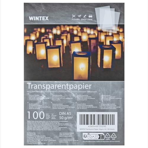 WINTEX Papel transparente impresora A5 - Set de 100x láminas de papel cebolla de 50 g/m² - Papel manualidades plantillas para calcar - Hojas de color blanco tránlucido