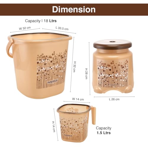 Image of Nayasa Square Ring Funk Plastic Bathroom Bucket Set with Mug & Stool | 18 Liters Bucket + 1.5 Liters Mug | Set of 3 | Brown