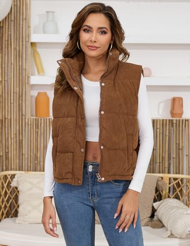 Gihuo Women's Corduroy Puffer Vest Stand Collar Zip Up Padded Vests Sleeveless Quilted Jackets Snap Gilet with Pockets3