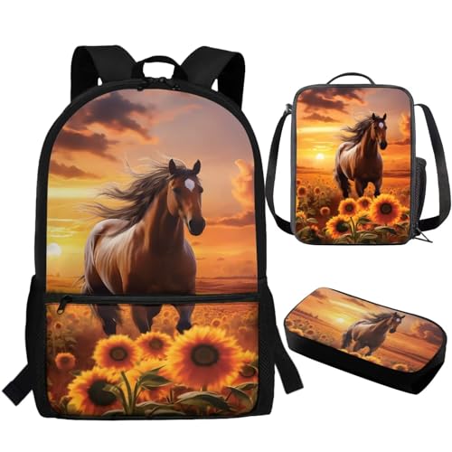 TOADDITDO Horse Girls Backpack with Lunch Box and Pencil Case Sunflower Middle School School Bag Large Capacity Travel Shoulder Bags Laptop Backpacks Daypack Back Packs Mochilas Escolares Para NiñOs