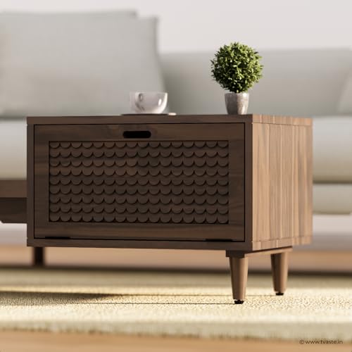 Image of KOVA Solid Sheesham Wood Coffee Table & Centre Table for Living Room with Lift-Down Shutter Storage and Open Side Tray (Wavy, Walnut Finish)