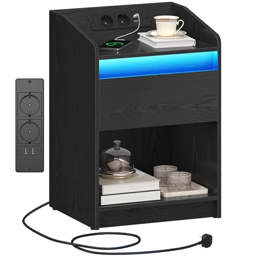 Hzuaneri Table de Nuit avec lumière LED, Tables d'appoint avec Station de Charge, 1 tiroir de Rangement Table de Chevet pour Chambre à Coucher, Salon, 2...