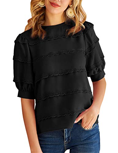 GRACE KARIN Women's Puff Sleeve Crew Neck Basic Casual Lace Tops Blouse T Shirt Black L