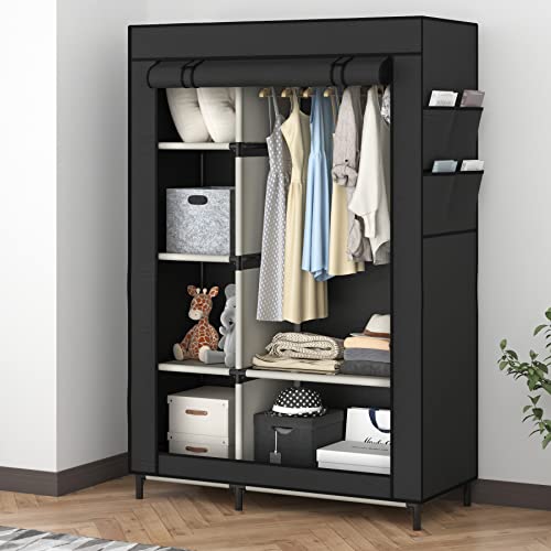 Buzowruil Canvas Wardrobe Portable Closet Wardrobe Clothes Storage With 6 Shelves And Hanging Rail,Non-Woven Fabric, Quick And Easy Assembly,Black #TOP2