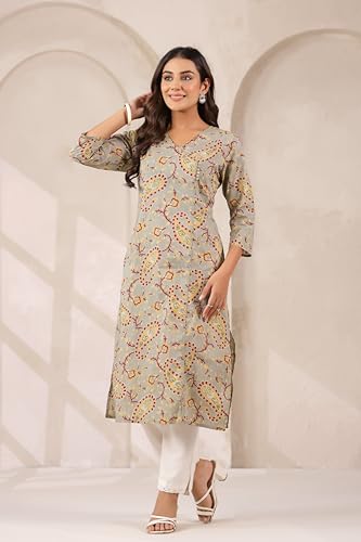 Image of Ichaa Women's Cotton Kurta | Printed Straight Kurta | V-Neck, 3 /4th Sleeve, Ethnic Wear