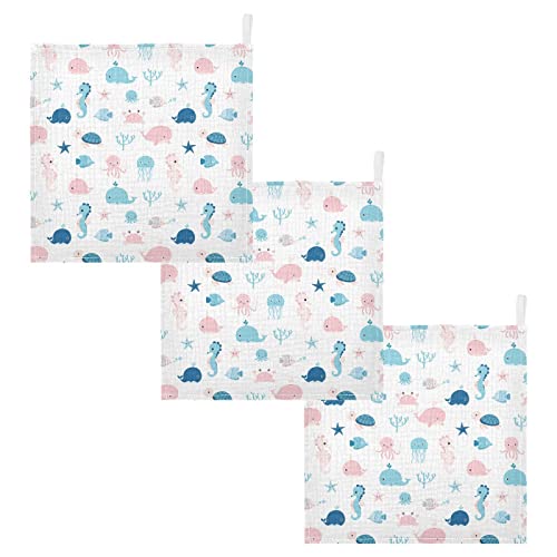 Image of vvfelixl Cute Sea Life Baby Burp Cloths, Baby Muslin Washcloths for Boys Girls, Cotton Baby Face Towel for Newborn Infants Soft and Absorbent 11.8 X 11.8 in, 5 Pack