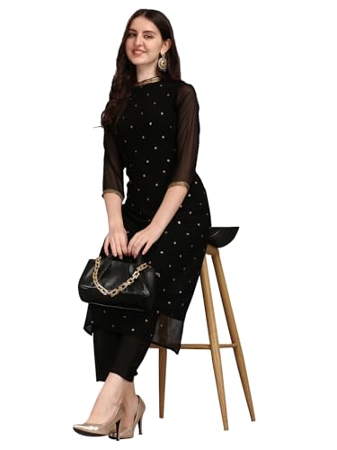 Image of Saanjh Women's Faux Georgette Embellished Printed Straight Kurta with Bottom||Kurta Set