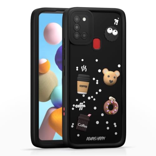 Image of Bintage Back Cover Compatible for Samsung Galaxy A21s 4G | Cute 3D Taddy Ball Bear Milk Cake Coffee Silicon Case Full Body & Camera Protection - Black