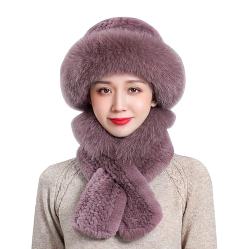 Women Winter Faux Rabbit Fur Trimmed Cloche Hat with Scarf Set Furry Warm Beanie Collar Scarf Set for Ladies
