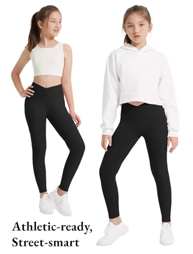 EXARUS 4 Pack Girls Leggings Kids Yoga Pants Crossover V Waist Ankle/Full Length High Waisted for School Casual Dance2