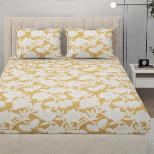 Image of 380 TC Premium Glace Cotton Elastic Fitted Bedsheet King Size with 2 Pillow Covers King Size | Double Bed with All Around Elastic (YELLOWWHITE, Fitted - 72 inchx78 inch King)