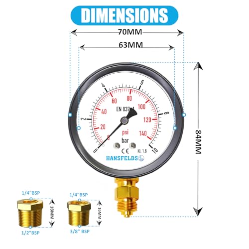 Hansfelds manometer,Trocken, 0-10 bar 63mm BSP, Unterer Anschluss, Glasfenster, Messing-Innenleben und Anschluss, Doppelskala bar/psi
