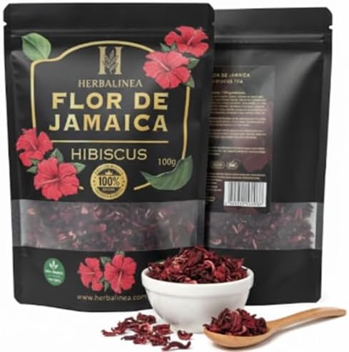 HERBALINEA Flor de Jamaica (Hibiscus) 100g Pura a Granel | Té de Hibisco Seco 100% Natural | Diurético, Digestivo y Antioxidante | Sin Cafeína | Ideal para Infusión Fría o Caliente | Vegan, Sin Gluten